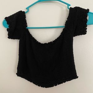 black scrunchy crop top off-shoulder